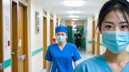 A nurse standing inside a hospital hallway