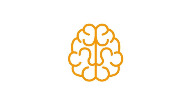 Animated linear orange symbol of brain. Concept of idea and creative. Looped video. Flat vector illustration isolated on white background.