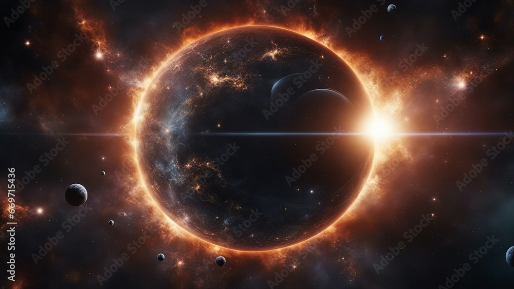 Wall mural planet in space wide panel of outer space with many different stars, planets and cloud formations