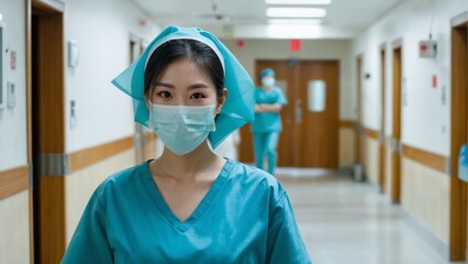 A nurse standing inside a hospital hallway