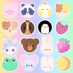 set of animals Cute kawaii animals farm for kid's education learn animals stickers set preschool pig panda chicken cat dog owl unicorn bear bunny rabbit mouse frog strawberries on rainbow background 