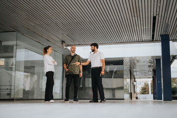Fototapeta premium Confident business partners discussing project details outdoors in the urban city. Analyzing documentation, reviewing statistics, and planning for remote work. Successful teamwork for profitability.