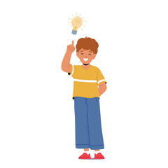 Bright-eyed Boy, With A Beaming Light Bulb Above His Head, Symbolizing Creativity And Inspiration, Vector Illustration