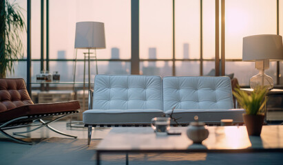 A modern design at sunset in a white interior living room with white sofa and chairs.