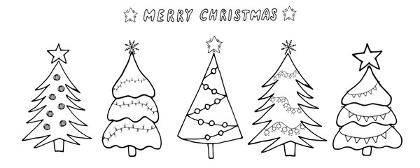 Collection of Christmas trees with garlands. Symbol of winter holidays. Happy New Year and Merry Christmas. Simple hand drawn doodle shape concept. For winter cards, New Year posters.
