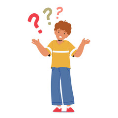 Bewildered Boy Stands With Question Marks Hovering Above His Head, Lost In A Sea Of Uncertainty. Little Curious Kid