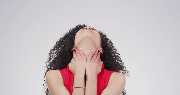 Woman, coughing and sick with sore throat, pain and choke for asthma, lungs and virus. Allergy, flu symptoms and hand on neck, relief and medical problem and health issue, bacteria and tuberculosis