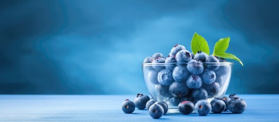 Fresh vegan food organic blueberries in glass bowl front view on blue background - obrazy, fototapety, plakaty
