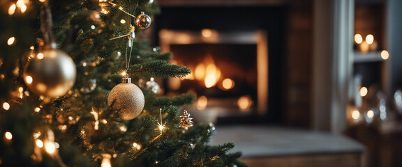 Christmas tree, decorated with New Year's toys, stands near the fireplace 2024