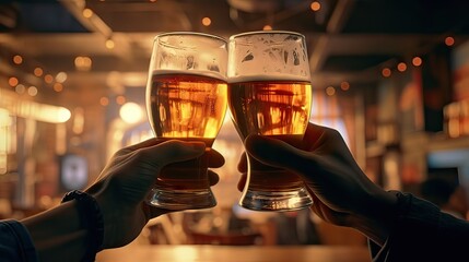 friends in a pub toasting with beer after work, socializing concept