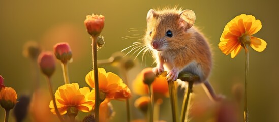 Mouse exploring flower - obrazy, fototapety, plakaty