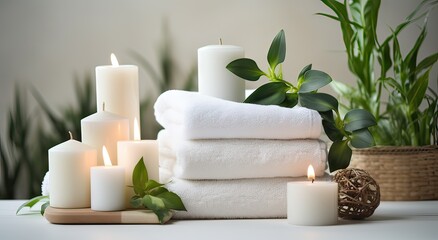 Fototapeta na wymiar spa concept, still life of a few towels together with some candles, relaxation concept