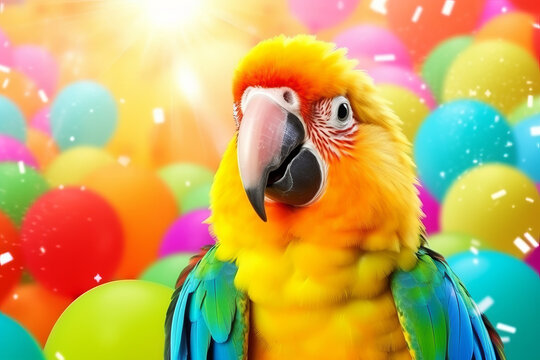 Parrot on a multicolor background surrounded by multicolor balloons and confetti.