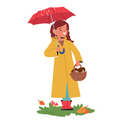 Charming Scene with Cute Girl, Clutching Her Umbrella, Joyfully Carries A Basket Brimming With Freshly Foraged Mushrooms