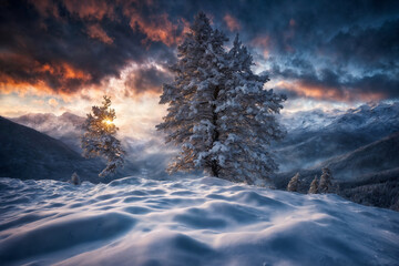 Christmas tree in a winter forest, snow covered mountains, beautiful nature at sunset, dark dramatic sky