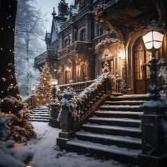 Fototapeta premium exteriors of the house are decorated for Christmas or New Year's holiday, city street in winter, snow, gifts on the porch, and street lights, a fairy-tale environment