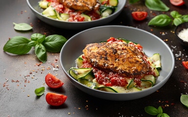 Healthy Chicken zucchini pasta with tomato sauce. Low carb, keto diet