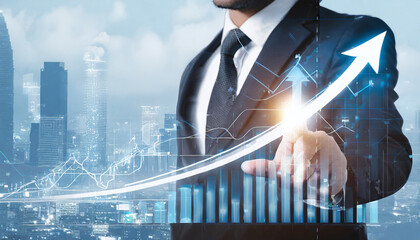 Businessman hand drawing virtual increasing graph as virtual graphics for business investment profit and deposit dividend saving growth 
