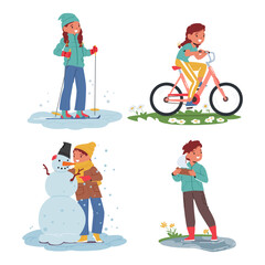 Kids Seasonal Activities, Boys And Girls Characters Skiing And Sculpting Snowman At Winter, Riding Bicycle At Summer