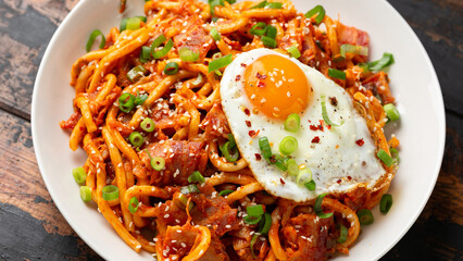 Kimchi Fried Udon Noodle with Fried Egg and bacon. Korean food.