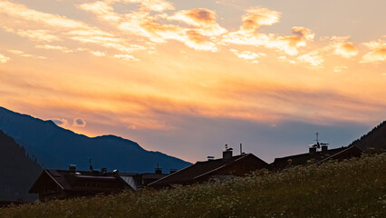 Naklejka na ściany i meble Alpine sunrise at St Johann, San Giovanni, Ahrntal valley, Pustertal, Trentino, Bozen, South Tyrol