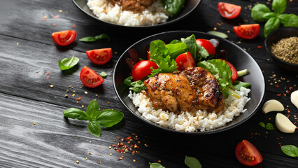 Baked balsamic chicken thighs with rice and vegetables