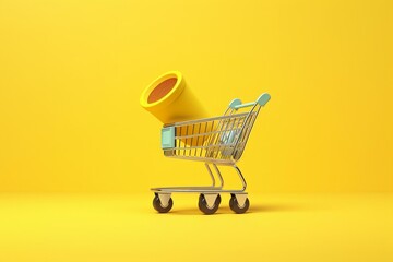 A shopping cart with a megaphone isolated on a yellow background, representing sales and marketing. Generative AI