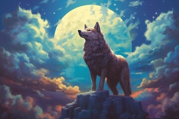 wolf field moon sky clouds stars. Generative AI