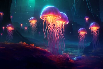 A surreal underwater scene with glowing jellyfish lighting up a magical ocean at night. Generative AI
