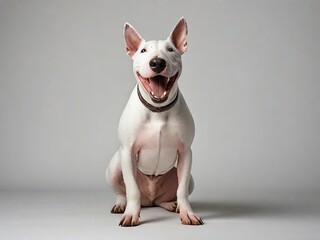 Perro Bull terrier, sentado, mirando al frente sobre fondo blanco  - obrazy, fototapety, plakaty