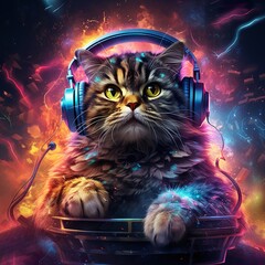 
Charming Cat DJ Rocking the Turntable for Music Enthusiasts, Cute cat dj spinning turntable for music lovers