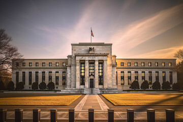 The Federal Reserve Building with a Majestic Flag Flying High - obrazy, fototapety, plakaty