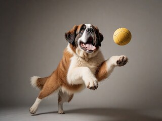 Perro de raza San bernardo saltando para alcanzar una pelota - obrazy, fototapety, plakaty