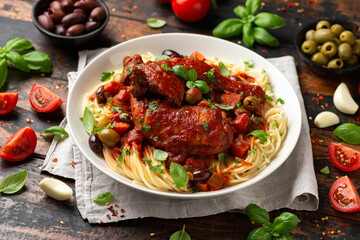 Cacciatore Chicken with spaghetti, vegetables, olives and tomatoes