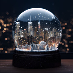 Close up of a snow globe with a cityscape of downtown New York City Manhattan with bokeh effect. City at night with snow on the ground. Concept of winter, holiday season and christmas.