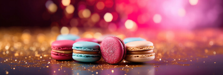 colorful macarons on a shiny glitter background for birthday party - food photography style