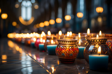A row of lit candles in a dark church - Faith and Prayer - obrazy, fototapety, plakaty