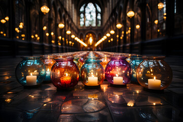 A row of lit candles in a dark church - Faith and Prayer - obrazy, fototapety, plakaty