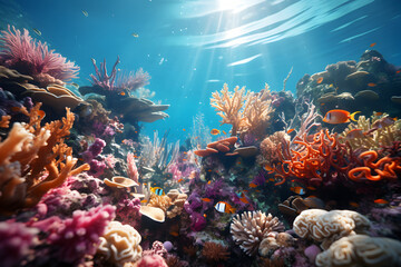 Fototapeta na wymiar Underwater with colorful sea life fishes and plant at seabed background, Colorful Coral reef landscape in the deep of ocean. Marine life concept, Underwater world scene