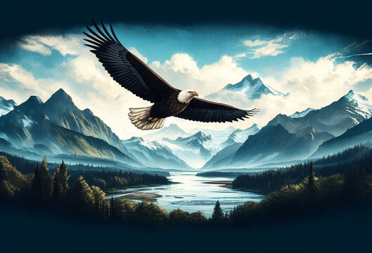 Majestic eagle soaring through the sky. Vintage Painting Style Art Illustration. Eagle in flight over lake stream mountains clouds in background.