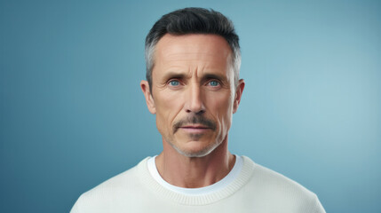 Fototapeta premium Confident Gaze: 50-Year-Old Man in White Sweater Radiates Calmness in Blue-Backed Studio Portrait.