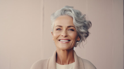 Fototapeta premium Radiant Hipster Woman in 40s with Vibrant Gray Hair - A Pastel Beige Backdrop Portrait with Ample Copy Space.