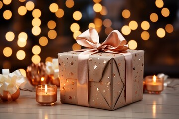 Beautiful Christmas gift boxe with burning candles. Selective focus. Festive surprise. New Year's gift