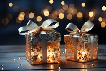 Beautiful Christmas gift boxes with burning candles