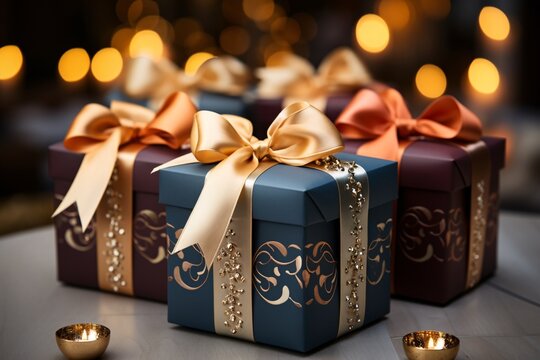 Beautiful Christmas gift box with candle. Christmas gift box with ribbon. Christmas decoration. Selective focus. Beautyful bokeh background. Festive surprise. New Year's gift