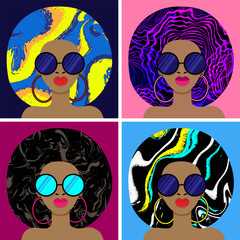 Set of portraits of fashionable African American woman with abstract pattern in her hair. Girl model with earrings and red lips on  background. Vector illustration for print