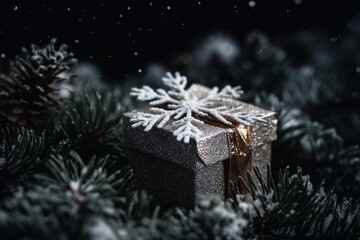Christmas background with fir branches, gift box and snowflakes on black background
