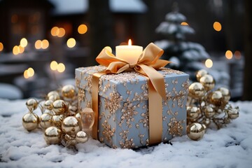 Fototapeta na wymiar Beautiful Christmas gift box with burning candles. Selective focus. Beautyful bokeh background