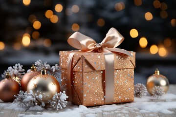 Fototapeta na wymiar Beautiful Christmas gift box with christmas decor. Christmas gift box with ribbon. Christmas decoration. Selective focus. Beautyful bokeh background. Festive surprise. New Year's gift