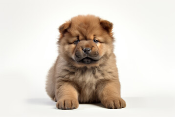 Cute fluffy purebred Chow Chow puppy lies on a white background. With copy space. Pedigree pup. For advertising, posters, banners, promoting pet stores, dog care, veterinary clinics, grooming services